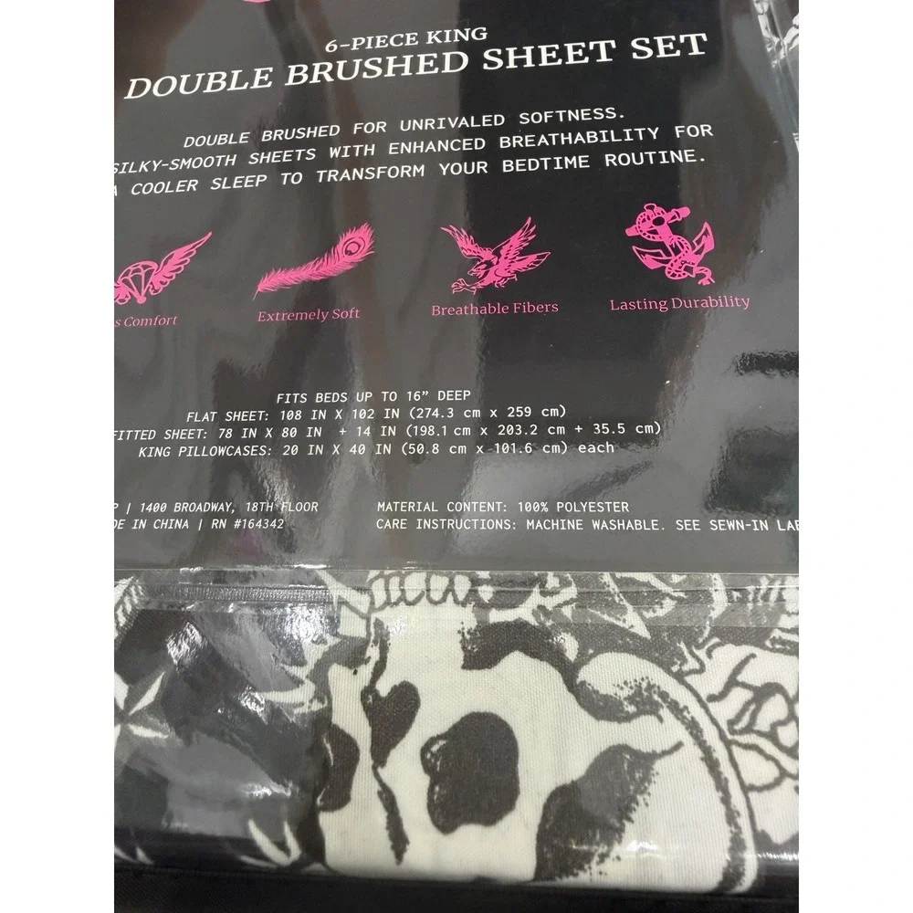 Ed Hardy Tiger Skull Snake Black White 6 Piece King Sheet Set NWT